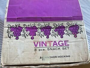Vintage 1960s era 8 piece glass snack set by Anchor-Hocking, grape pattern party